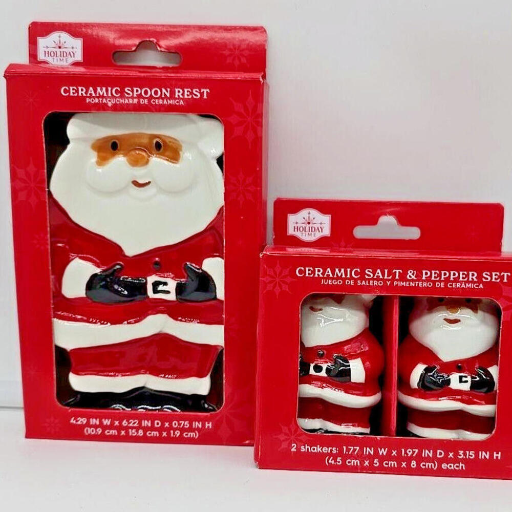 Holiday TIME Christmas‎ Santa Ceramic Bundle Holder Salt And Pepper Spoon Rest
